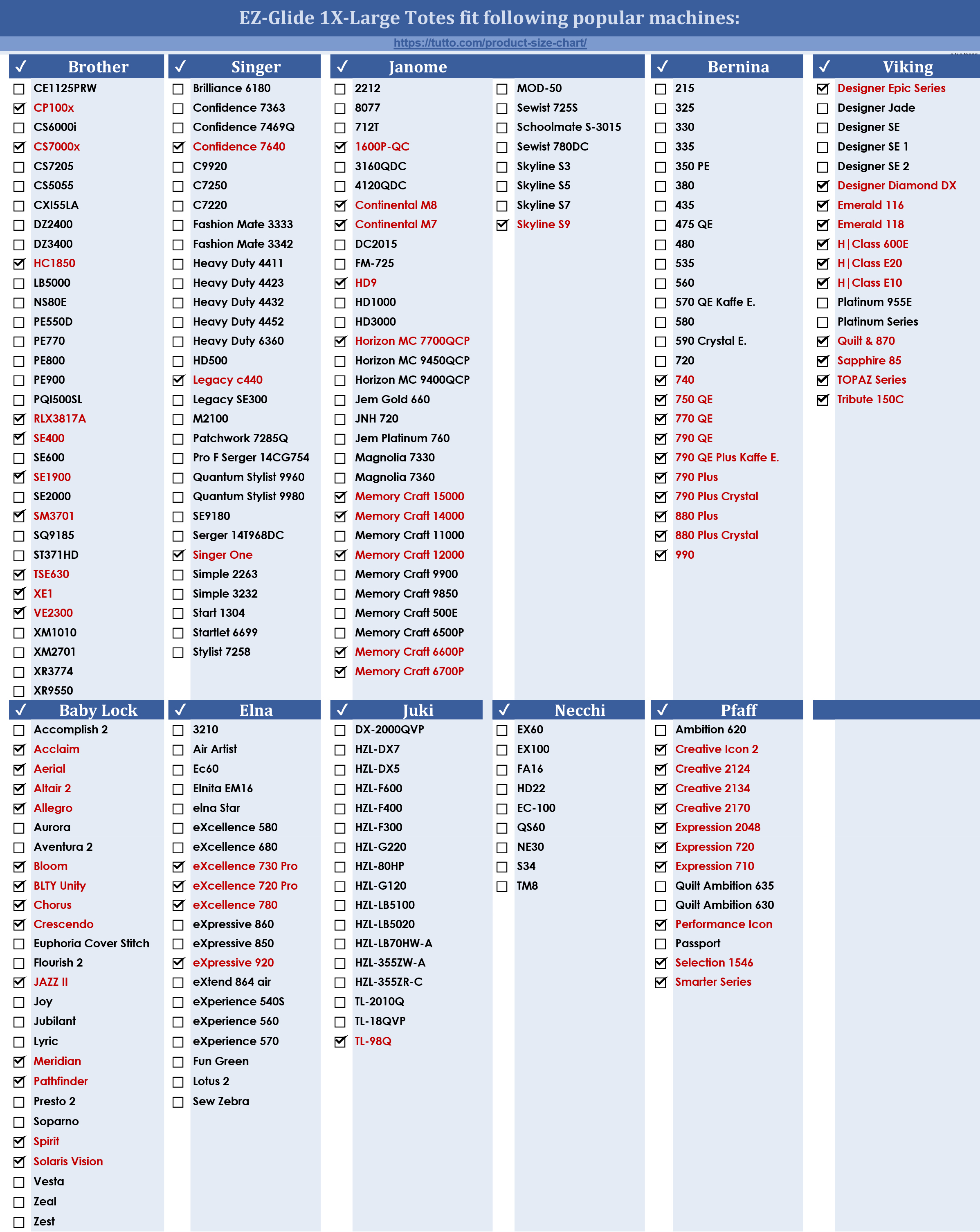 EZ-Glide 1X-Large Tote Size Chart
