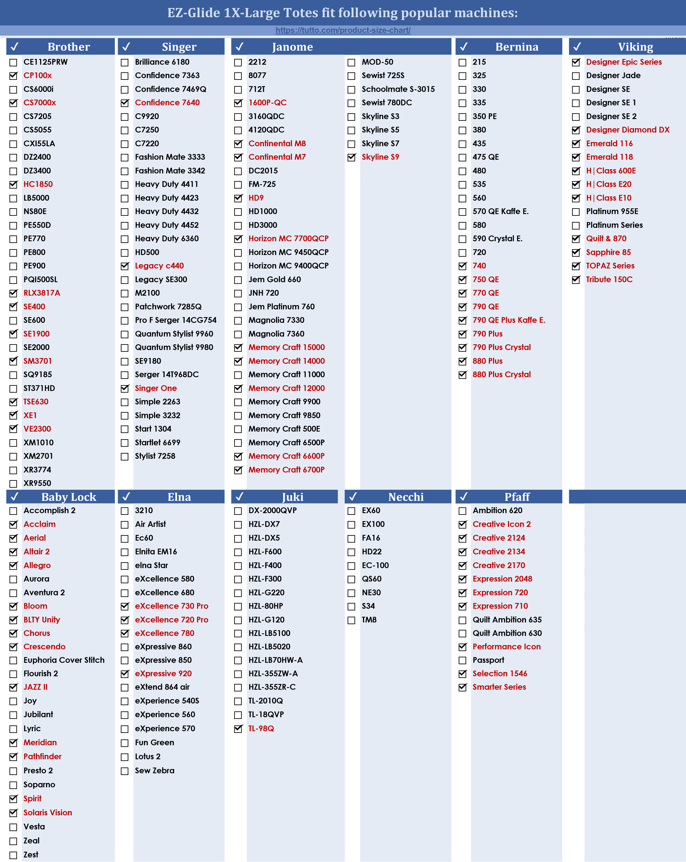 EZ-Glide 1X-Large Tote Size Chart