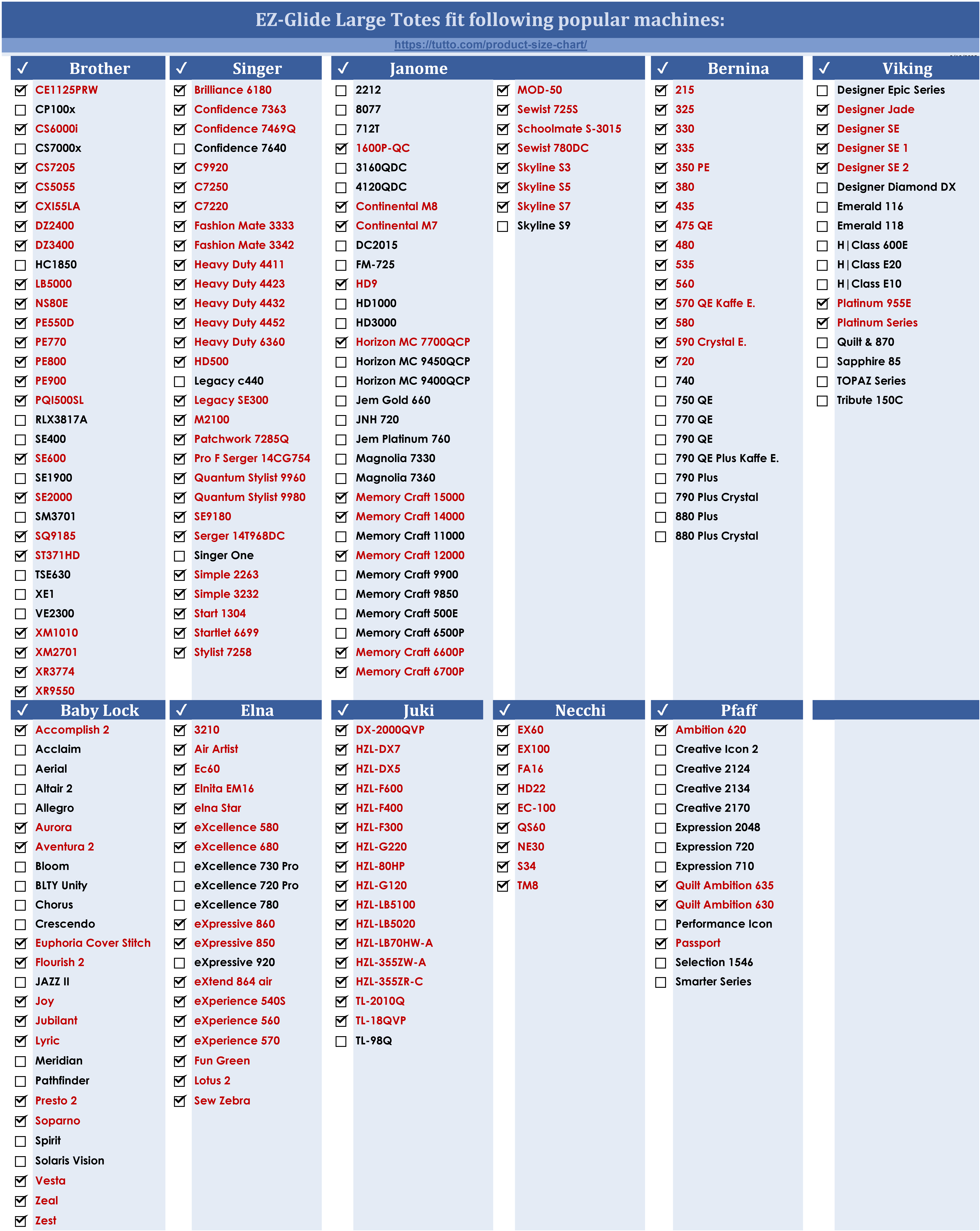 EZ-Glide Large Tote Size Chart