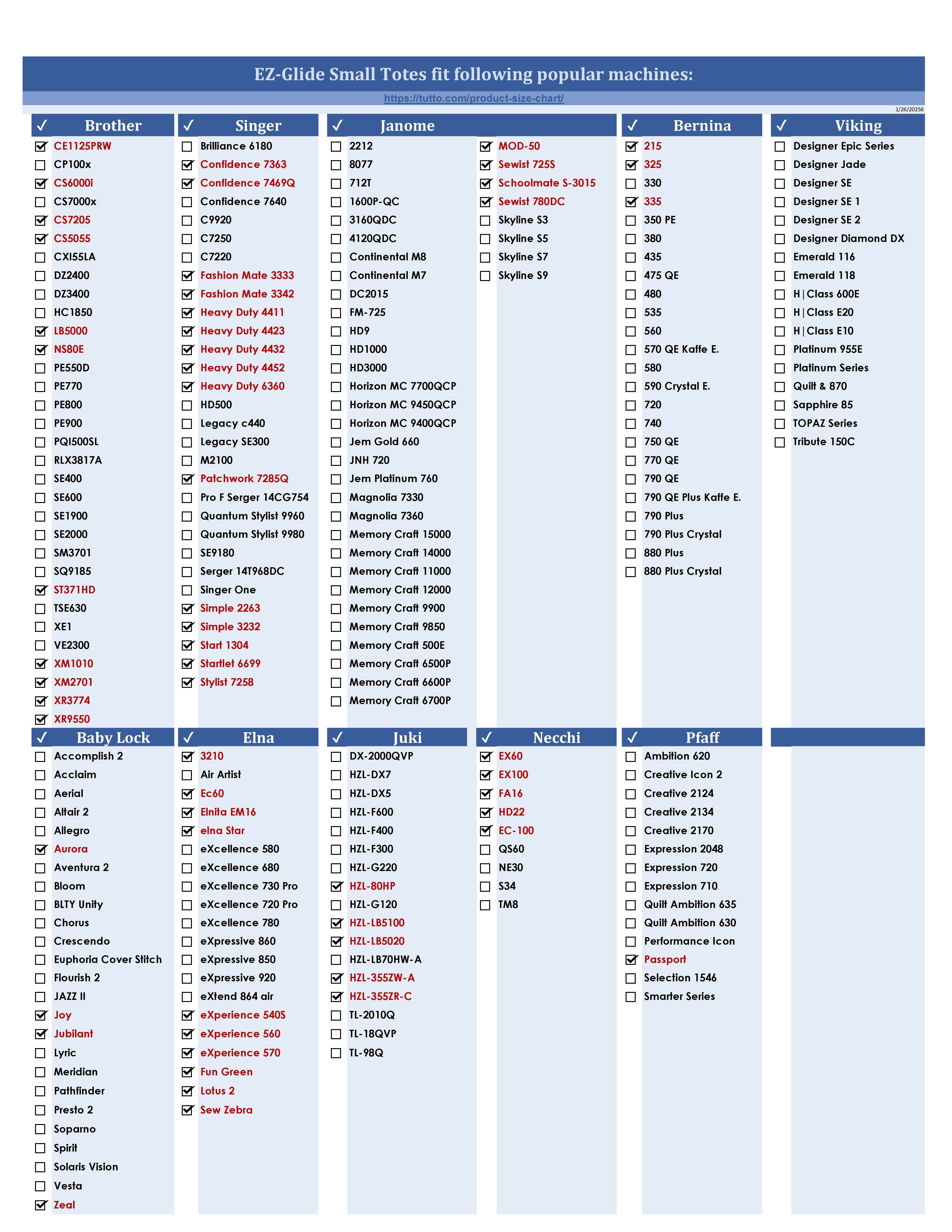 EZ-Glide Small Tote Size Chart
