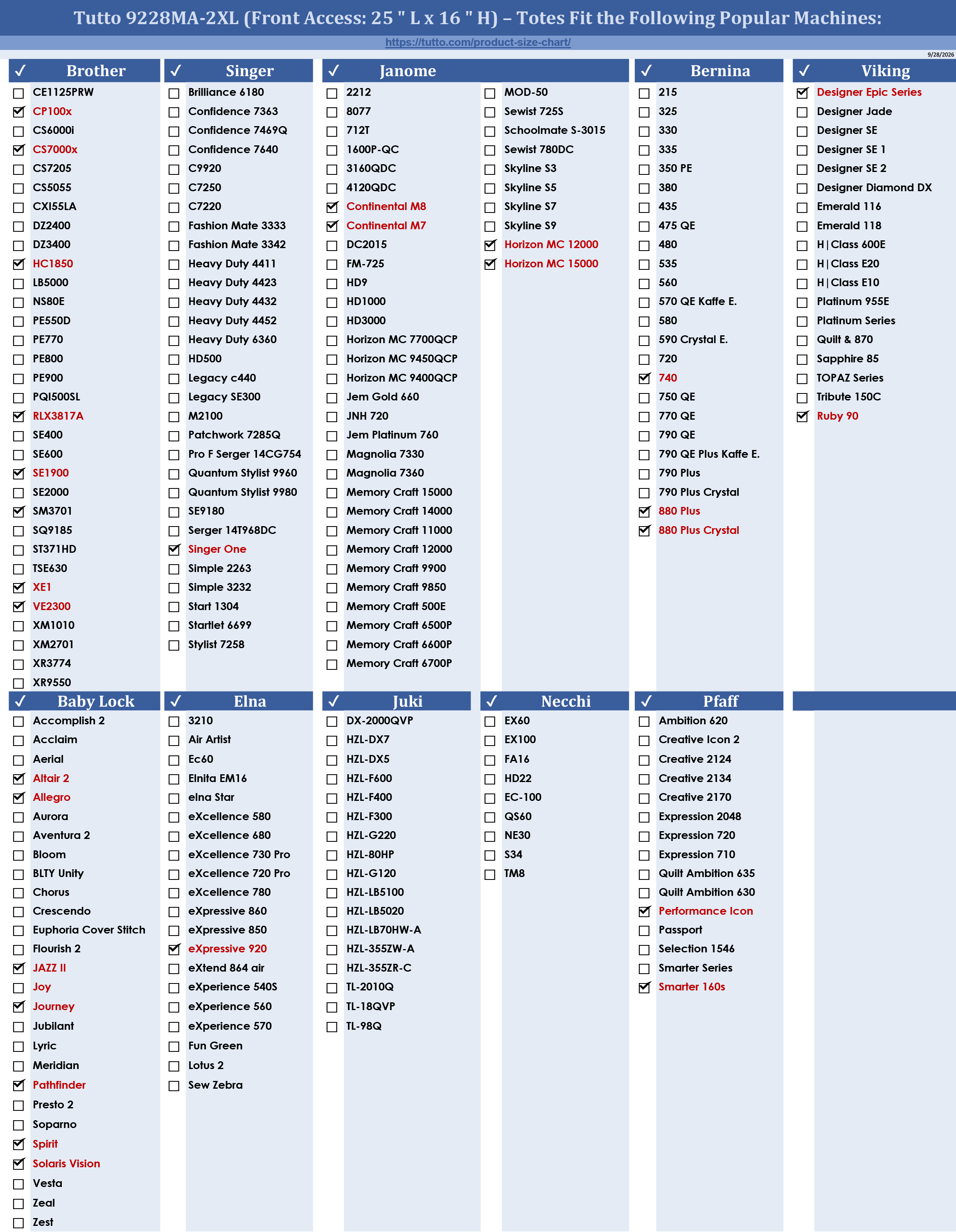 Tutto 9228MA-2XL Size Chart